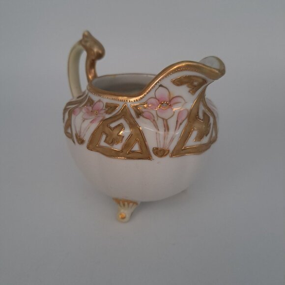 Nippon Hand-Painted Floral Cream Pitcher Gold Trim Porcelain Footed Vintage - Picture 9 of 10